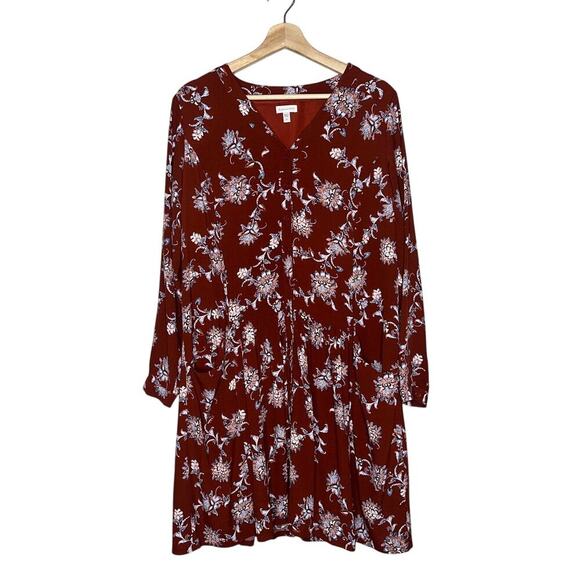 Garnet Hill Long Sleeve Knee Length Floral Dress Patch Pockets Burnt Orange 6 - Picture 1 of 7